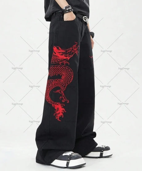 New Retro Oriental Dragon Design Fashionable Loose Jeans Men Street Hip-hop Casual Straight Wide-leg Pants Women