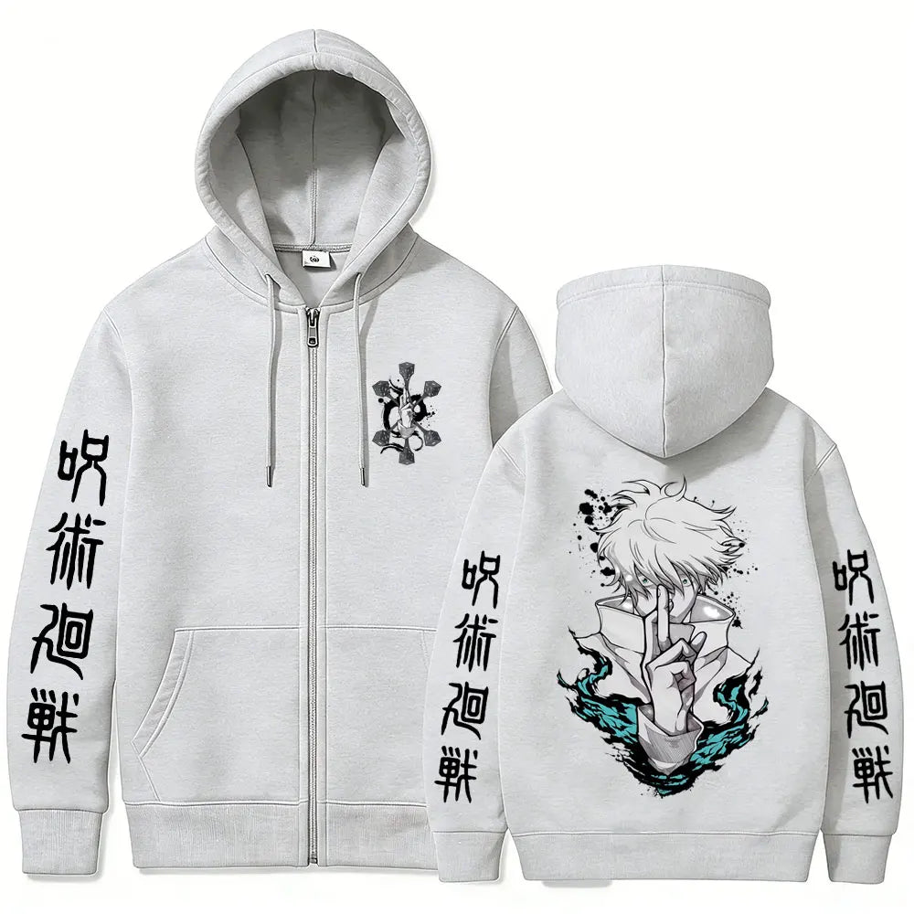 Anime Jujutsu Kaisen Gojo Satoru Zip-Up Hoodie – Unisex Oversized Cosplay Jacket 6