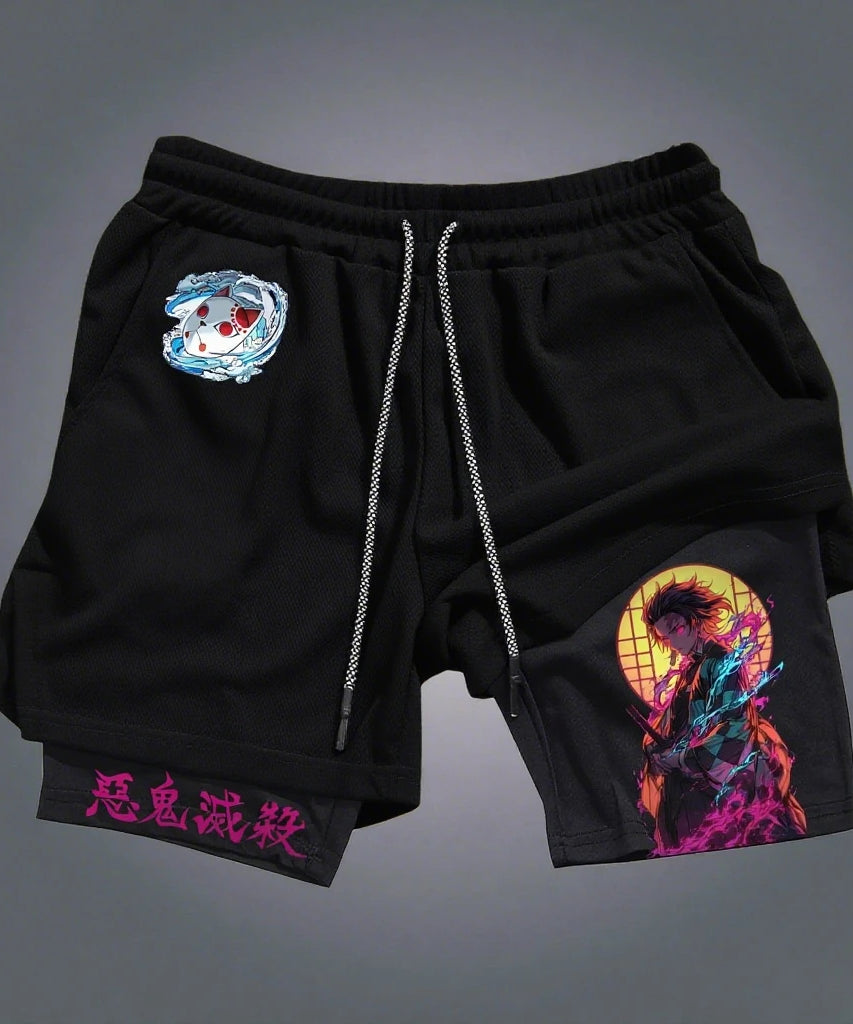 Demon Slayer Anime Tanjirou Printed 2-in-1 Sports Shorts Summer Men's New Trendy Fitness Quick Drying Y2K Double Layer Shorts