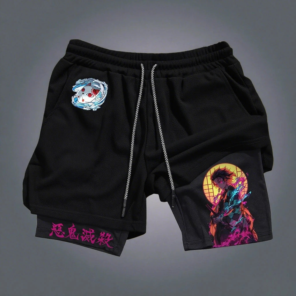 Demon Slayer Anime Tanjirou Printed 2-in-1 Sports Shorts Summer Men's New Trendy Fitness Quick Drying Y2K Double Layer Shorts