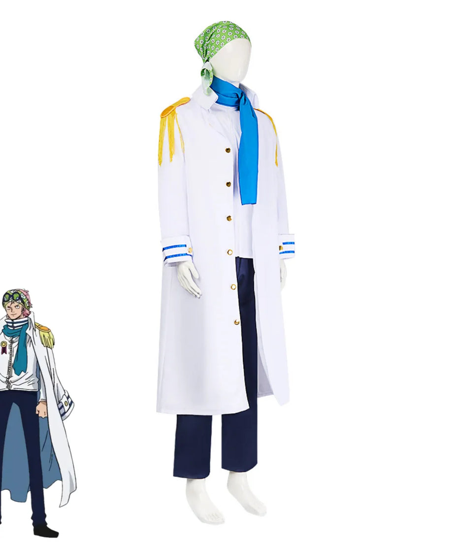 Anime Coby Cosplay Costume Marine Sword Member Military Uniform White Long Cloak Coat Scarf Adult Man Halloween Carnival Suit