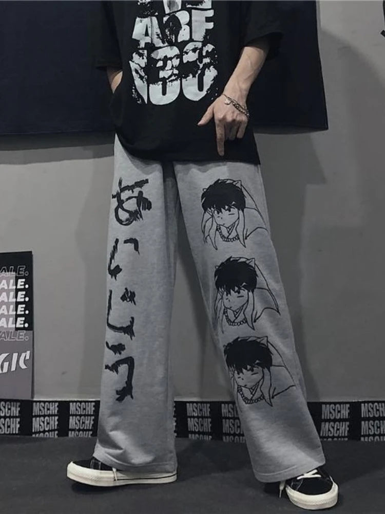 Harajuku Anime Print Wide Leg Pants Women Hippie Streetwear Black Sweatpants Korean Style Oversized Trousers