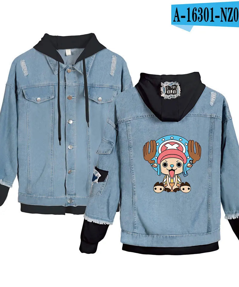 ONE PIECE Anime Chooper Denim Bomber Jacket Hooded Sweatshirt Unisex Ripped Hole Cosplay Hoodie Long-Sleeved Denim Jacket Gift