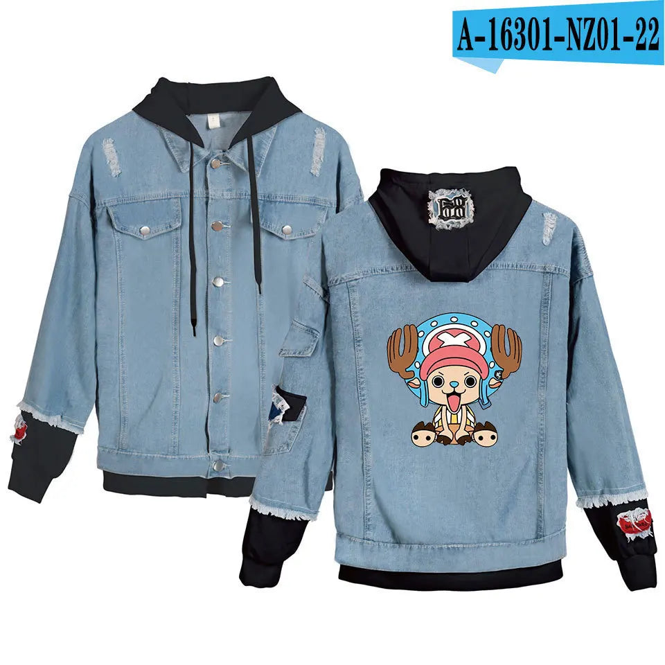 ONE PIECE Anime Chooper Denim Bomber Jacket Hooded Sweatshirt Unisex Ripped Hole Cosplay Hoodie Long-Sleeved Denim Jacket Gift