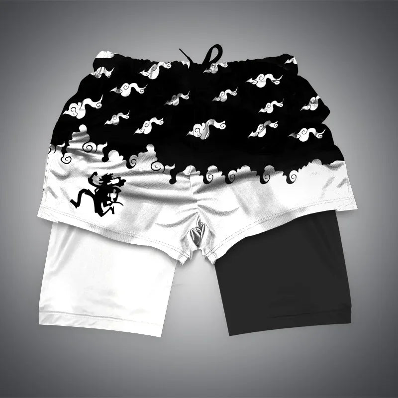 One Piece x Naruto x Dragon Ball 2-in-1 Men’s Gym Shorts – Quick-Dry & Breathable Sportswear