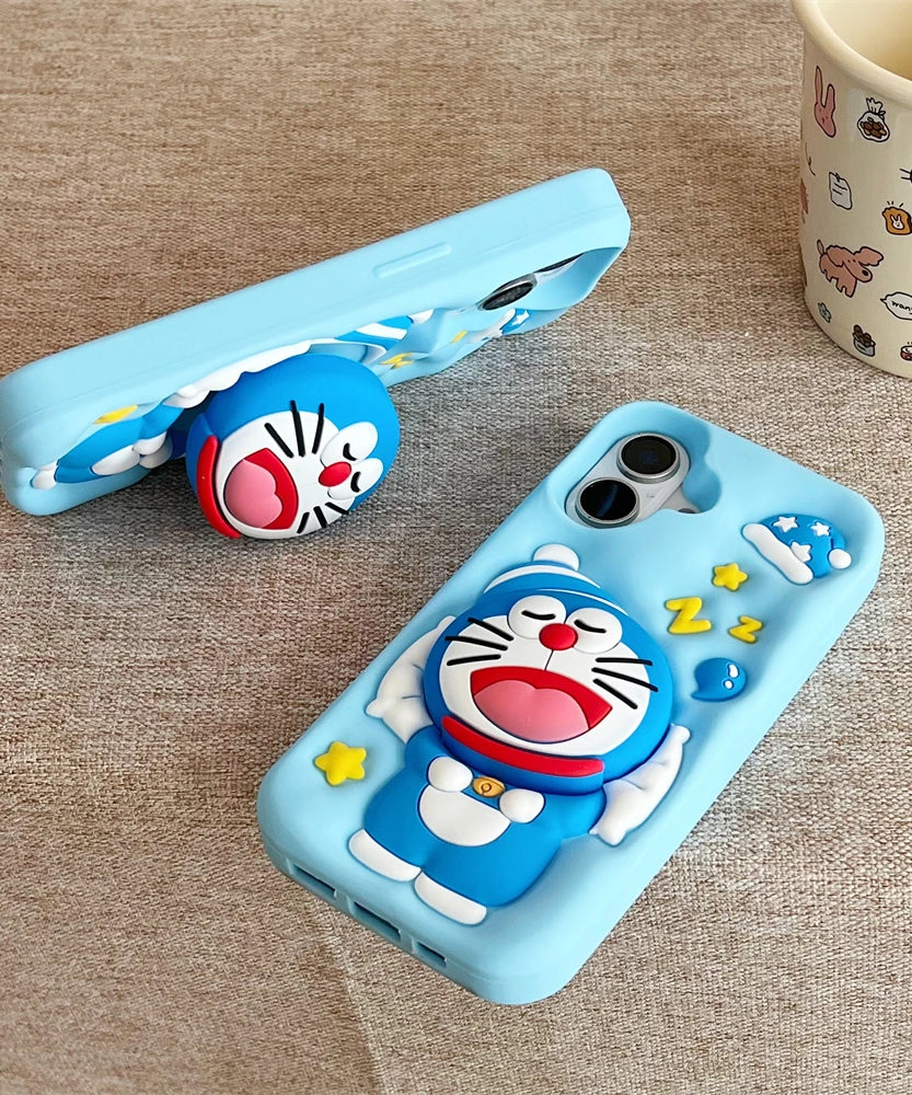 Cute Sleeping Doraemon Silicone Phone Case with Stand – iPhone 12–16 Pro Max