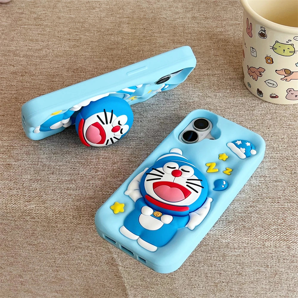 Cute Sleeping Doraemon Silicone Phone Case with Stand – iPhone 12–16 Pro Max