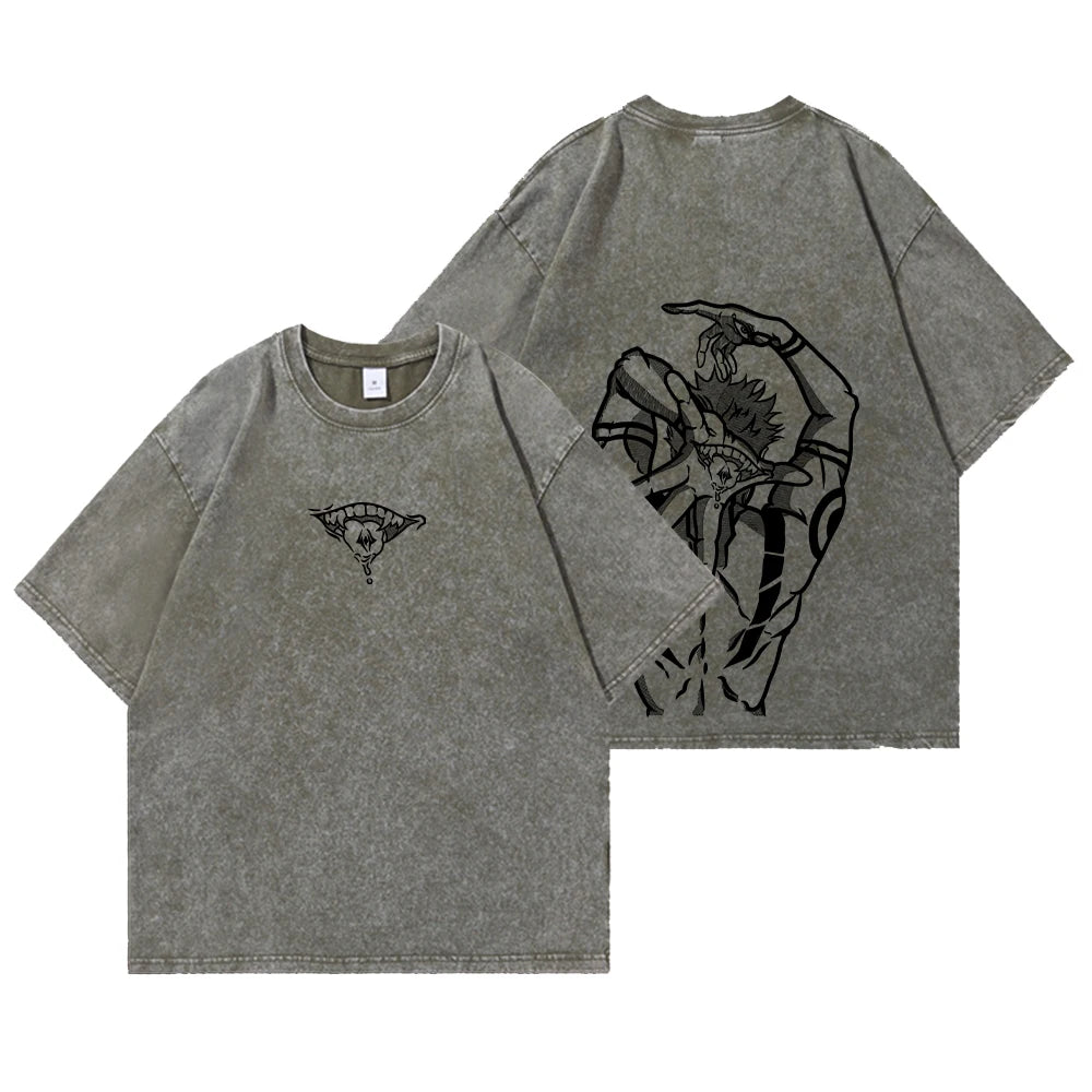 Summer Washed T Shirt Anime Graphic Print Streetwear Vintage Oversized T-Shirt Men Fashion Cotton Top Tee Black Tshirt