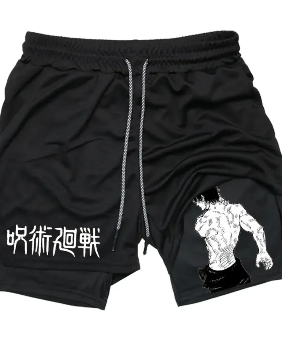 Anime Jujutsu Kaisen Performance Yuji Print Sport Running 2 in 1 Gym Shorts Training Men's Summer Workout Sportwear Y2K Shorts