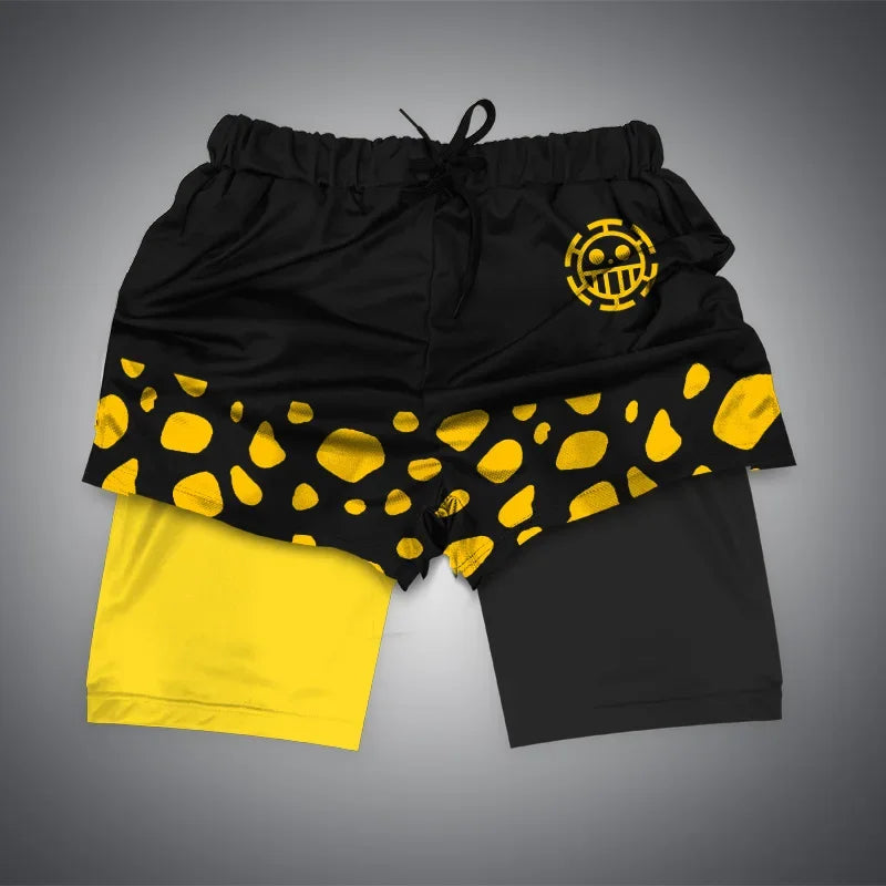 One Piece x Naruto x Dragon Ball 2-in-1 Men’s Gym Shorts – Quick-Dry & Breathable Sportswear