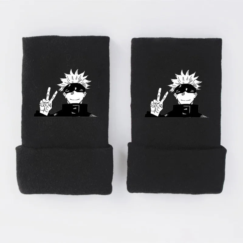 New Style Anime Jujutsu Kaisen Itadori Yuji Fushiguro Megumi Gojo Satoru Warm and Fleece Half Finger Gloves for Men and Women