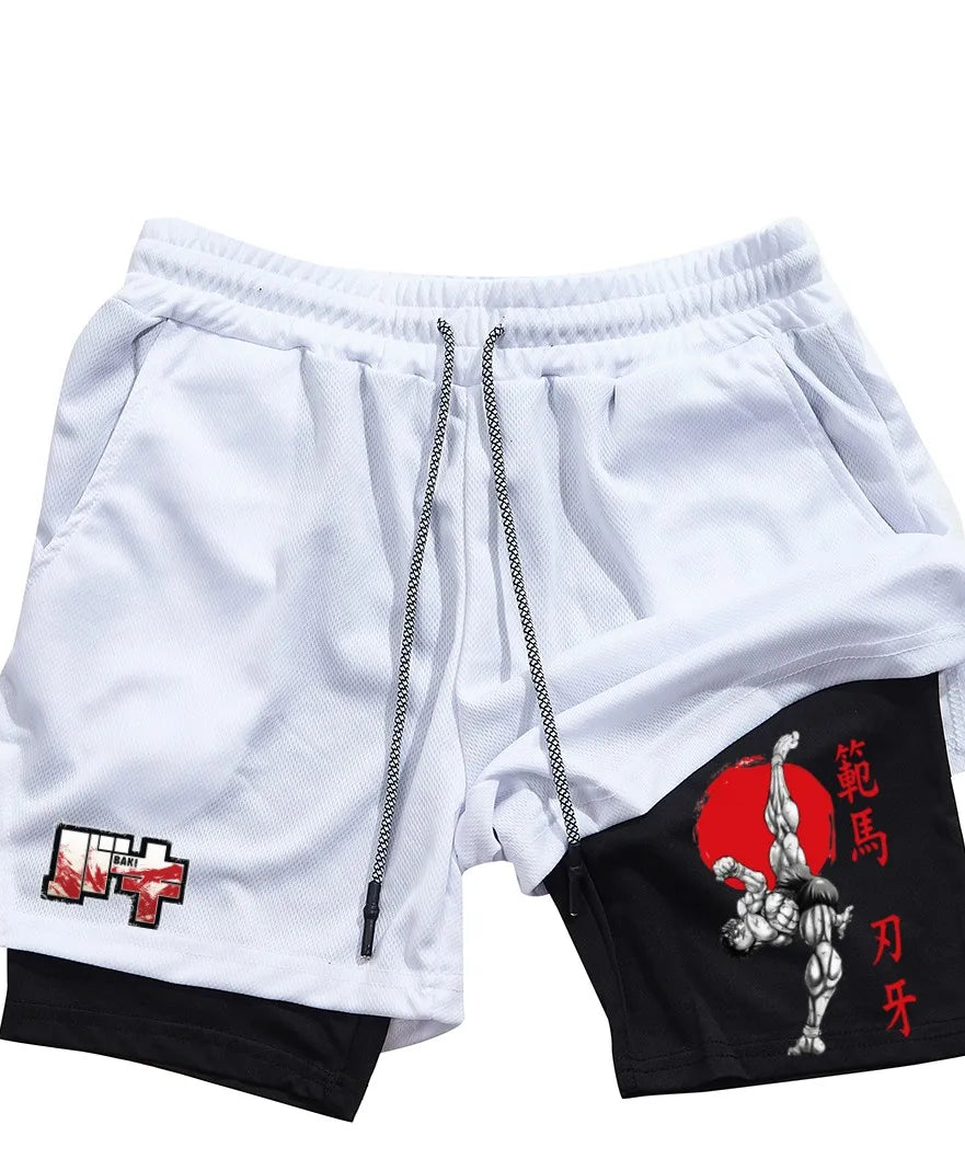 Men's and women's gym shorts, quick drying mesh shorts, animated printed Baki Hanma, sleeves, 2-in-1