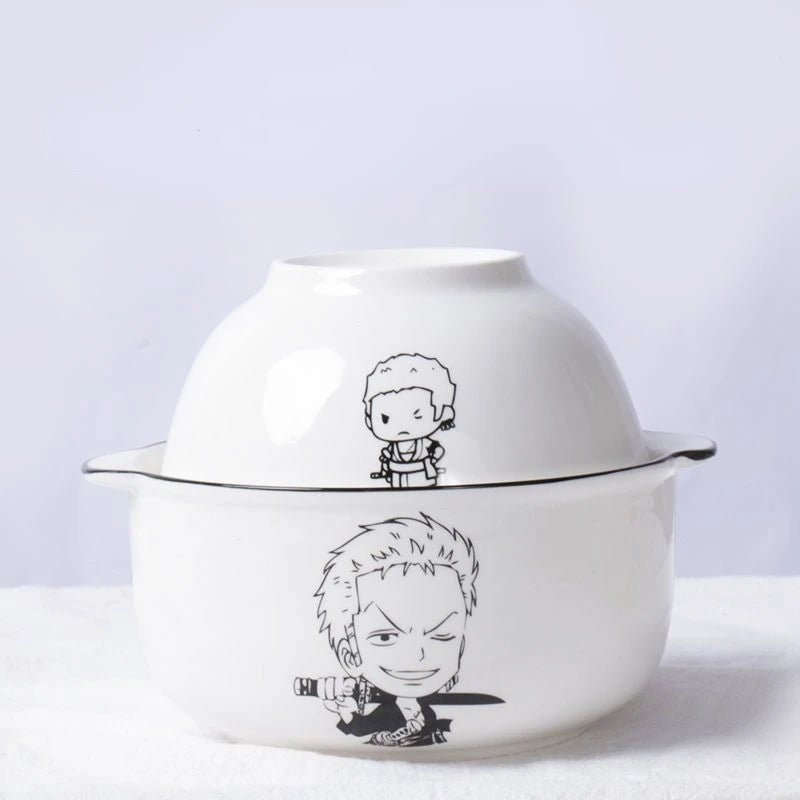 One Piece anime peripher Luffy Zoro ceramic instant noodle bowl with lid and handle kitchen supplies eating bowl gift