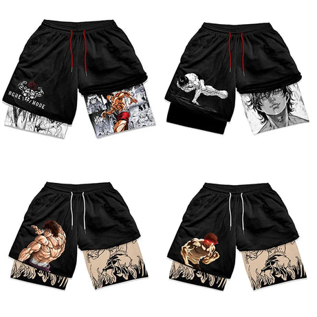 Summer Men's Anime Hama Baki Fitness Shorts Printed Black Double Layer 2-in-1 Quick Dry Shorts Fitness Running Sports