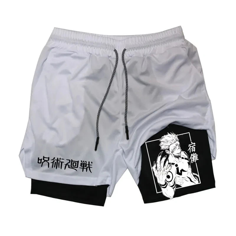 Anime Gym Shorts 2 In 1 Double Layer Men Workout Sports Jogging Sportwear Training Sport Shorts Male Summer Performance Shorts