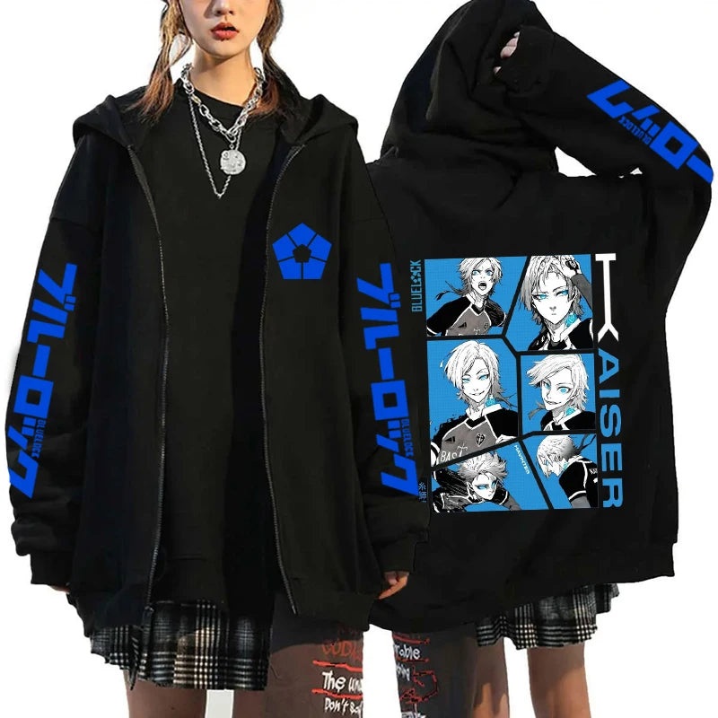 Hot Anime BLUE LOCK Printing Hoodie Fashion Harajuku Zipper Hoodies Women Men Sweatshirt Zipper Long Sleeve Casual Tops