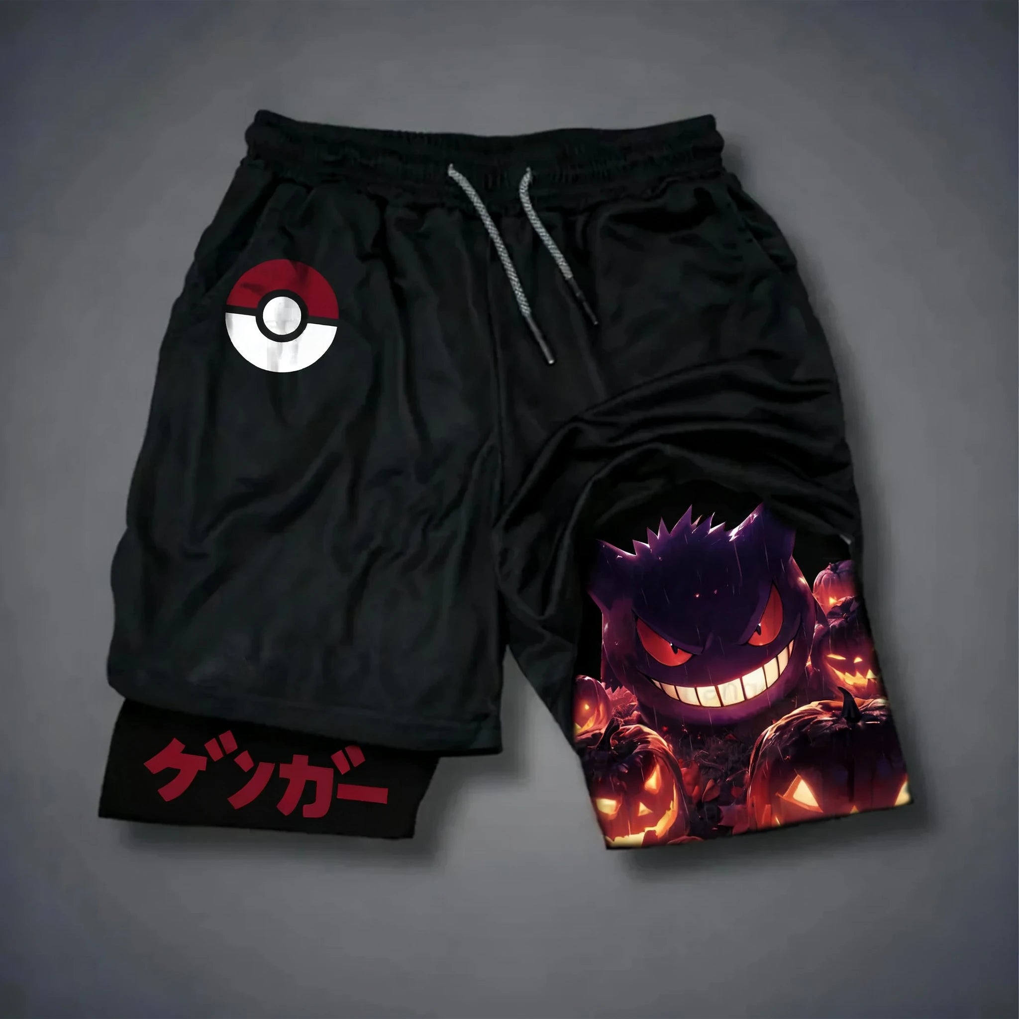 Pokémon Anime Halloween Co Branded Double Layered Shorts for Men's Summer New Sweat Absorbing and Quick Drying 2-in-1 Shorts