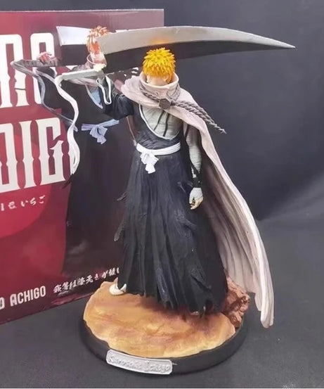 Bleach 33cm Kurosaki Ichigo Action Figures GK Kit Carrying Sword Model Wearing Cloak Sculpture Anime Toy Desktop Ornament Gift