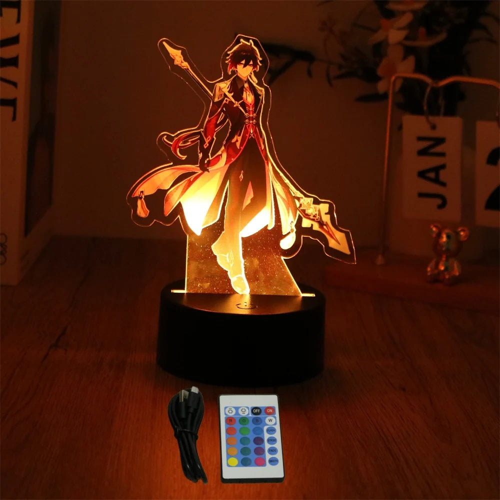 Genshin Impact 3D Lamp LED Night Light Anime Figures Zhongli Raiden Shogun Remote RGB Dream Colors Kids Bedroom Home Decor