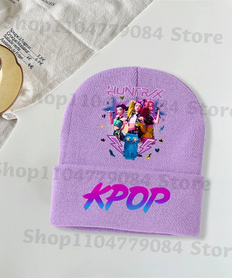 Kpop Demon Hunters Kawaii Knitted Hat for Girls Anime Cute Knit Hats Children Autumn Winter Windproof Warm Hats Gifts