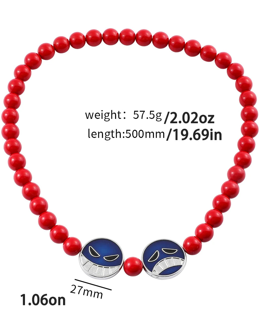Anime Red Beads Face Bracelet Necklace, Portgas D Ace, Fashion Jewelry Accessories, Cosplay Party Gifts