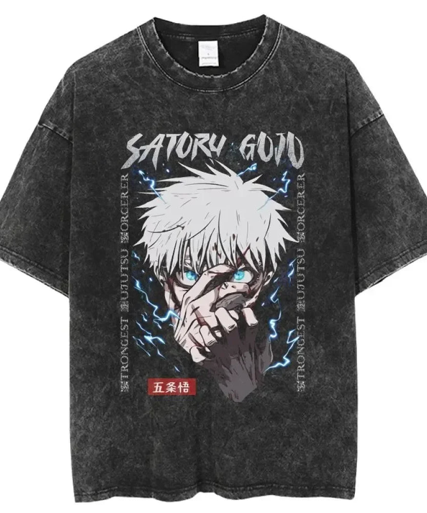 Vintage Anime Printed Washed T-shirt Men Women Cotton T Shirt Hip Hop Streetwear Summer Crew Neck Retro Short Sleeve Tees Tops