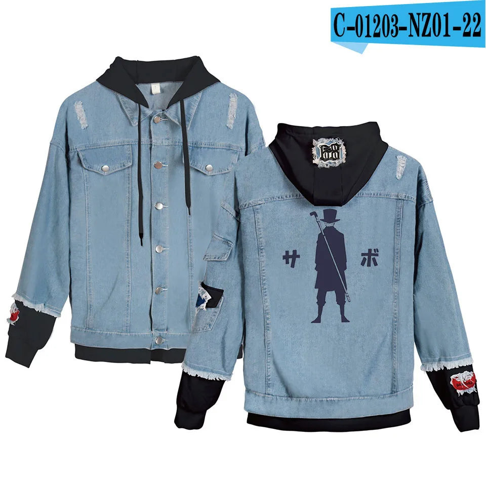ONE PIECE Anime Chooper Denim Bomber Jacket Hooded Sweatshirt Unisex Ripped Hole Cosplay Hoodie Long-Sleeved Denim Jacket Gift