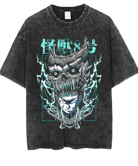 Kaiju No.8 Wash Vintage Vintage T-shirt for Men and Women Kaiju No.8 Print Summer Fashion Casual Short Sleeve