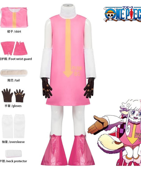 One Piece Anime Dr. Vegapunk Number 05 Clone Cosplay Costume Pink Dress with Foot Cover Cute Kawaii Halloween Outfit