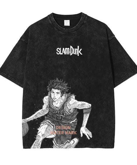 Hanamichi Rukawa Haruko T Shirt Slam Anime Dunk Sendou Vintage Washed Tops Tees Short Sleeve Manga Graphic T-shirt Man Cotton