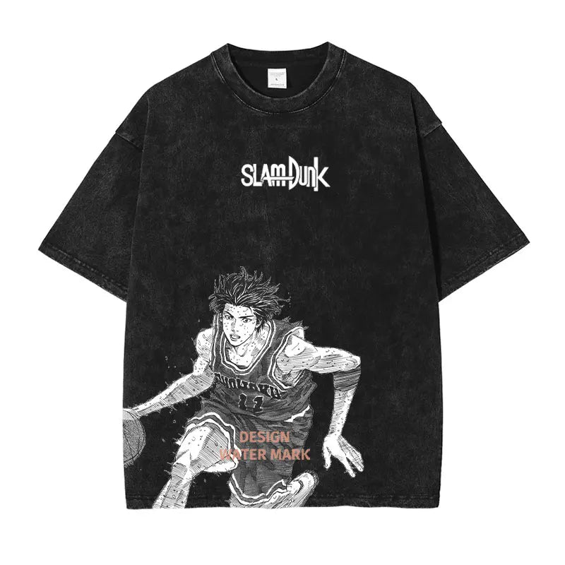 Hanamichi Rukawa Haruko T Shirt Slam Anime Dunk Sendou Vintage Washed Tops Tees Short Sleeve Manga Graphic T-shirt Man Cotton