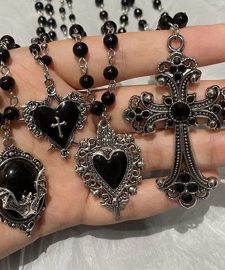 Gothic Bat Cross Dark Pendant Necklace Set Thorn Love Black Bead Stacked Necklace Halloween Gifts