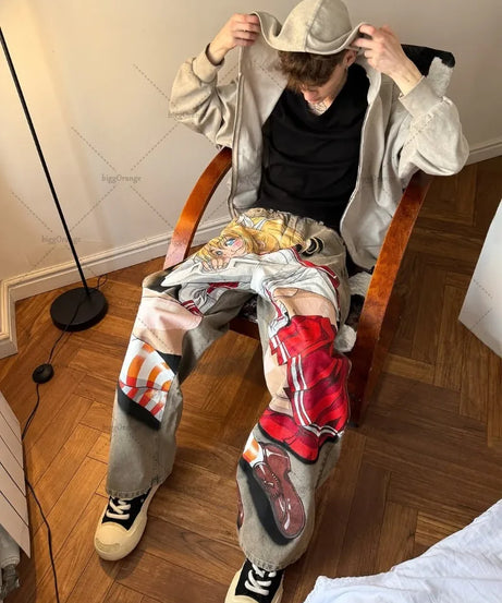 Harajuku Hip-hop Streetwear Trousers Women Y2K Retro Animation Print Baggy Jeans Men Goth High Street Loose Wide-leg Pants
