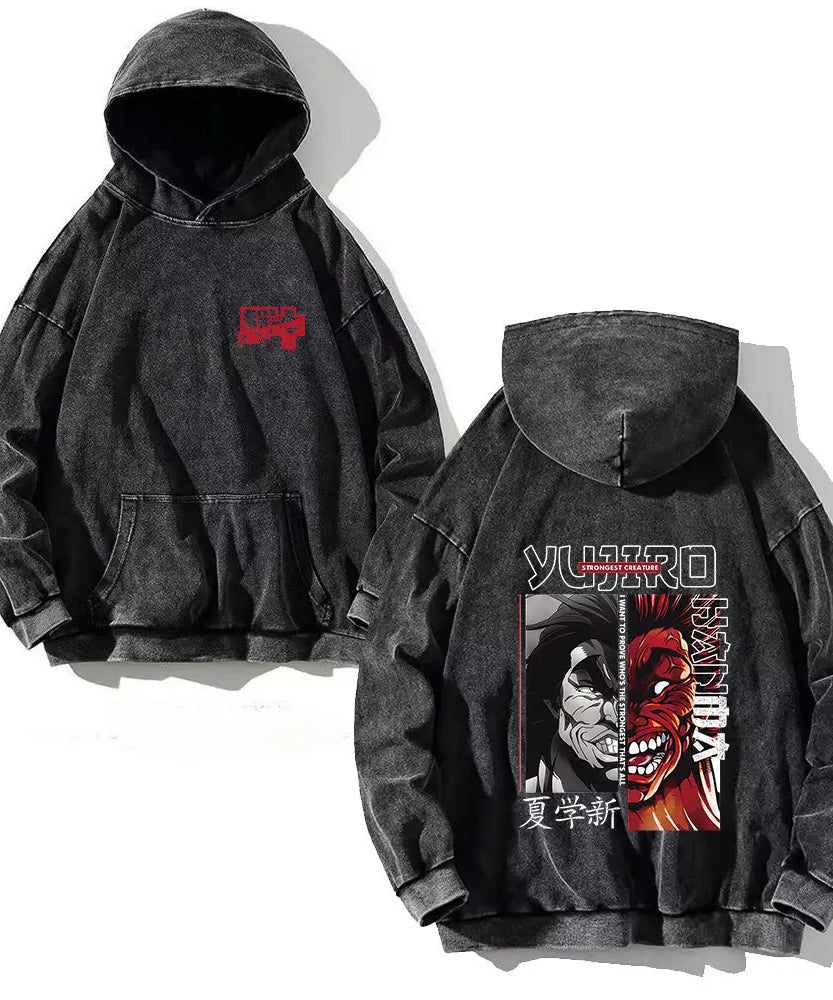Anime Baki Hanma Print Cotton Washed Hoodies Men Hip Hop Graphic Vintage Hooded Sweatshirts Aesthetic Streetwear Pullover