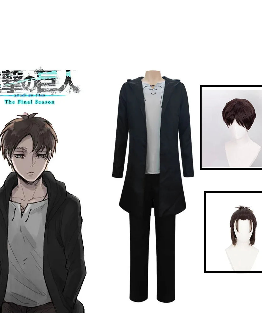 Eren Jaeger Cosplay Costume Anime Titan Costume Wig Cosplay Eren Yeager Black Hooded Trench T-shirt Pants Halloween Clothes