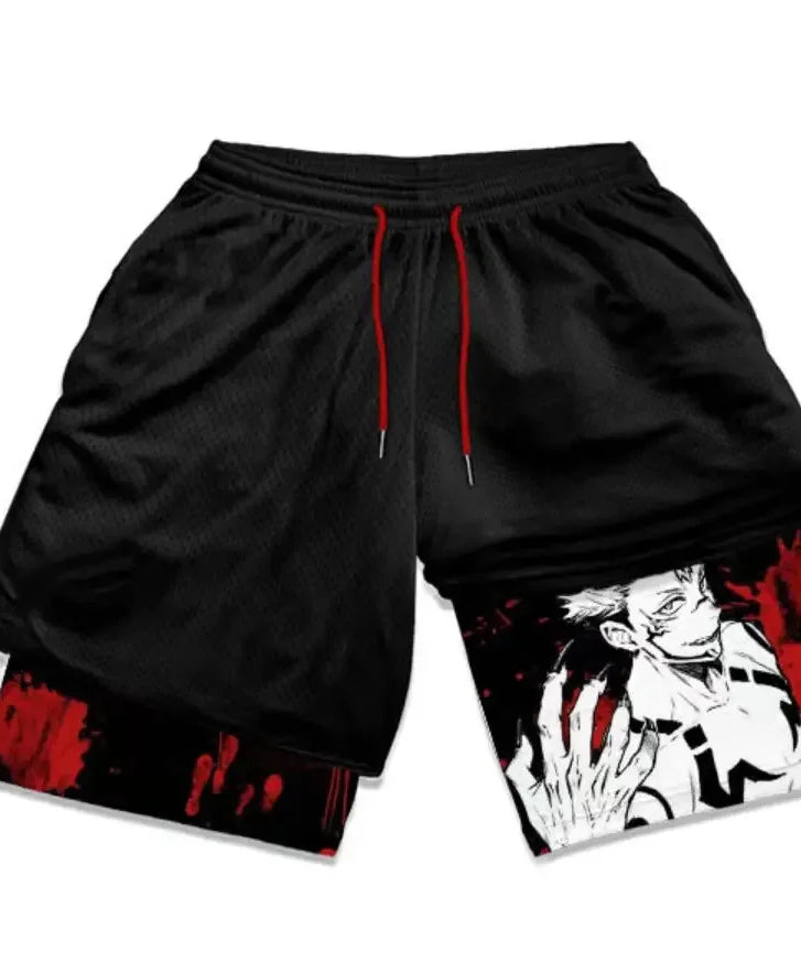 Anime-Inspired Double-Layered Sports Shorts – Breathable High-Waist Fit