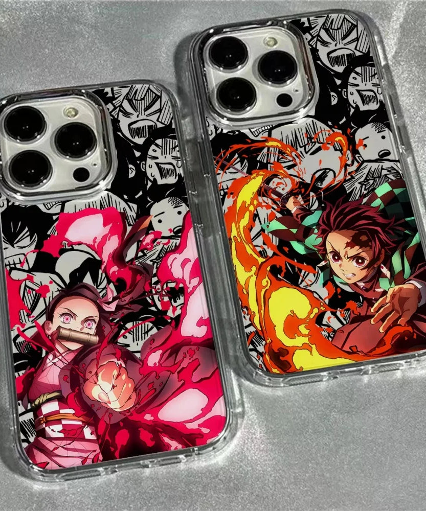 Hot Anime D-Demon S-Slayer Plating Frame Phone Case For iPhone 16 Pro Max 15 14 Plus 13 12 11 Pro Shockproof Silicone Back Cover