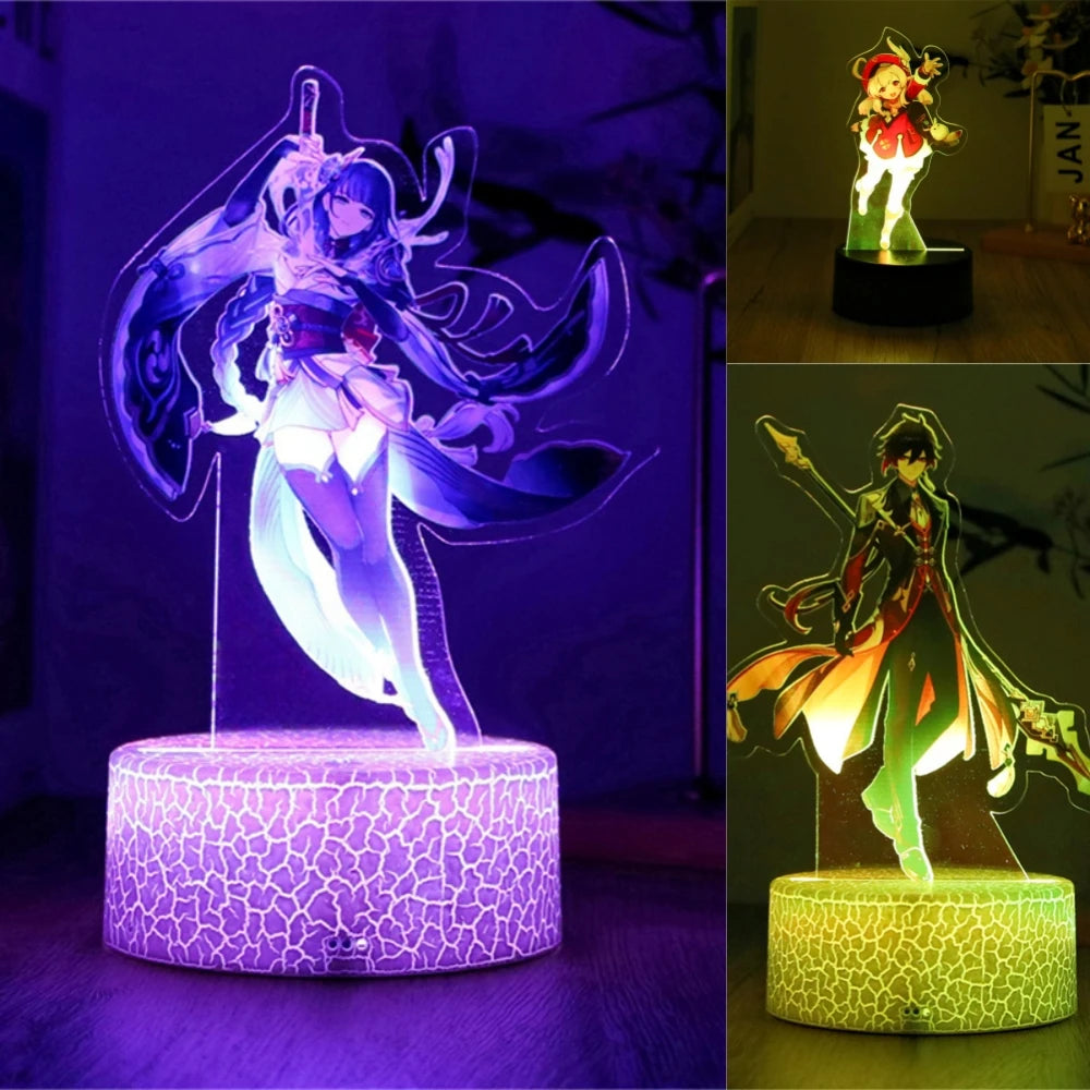 Genshin Impact 3D Lamp LED Night Light Anime Figures Zhongli Raiden Shogun Remote RGB Dream Colors Kids Bedroom Home Decor