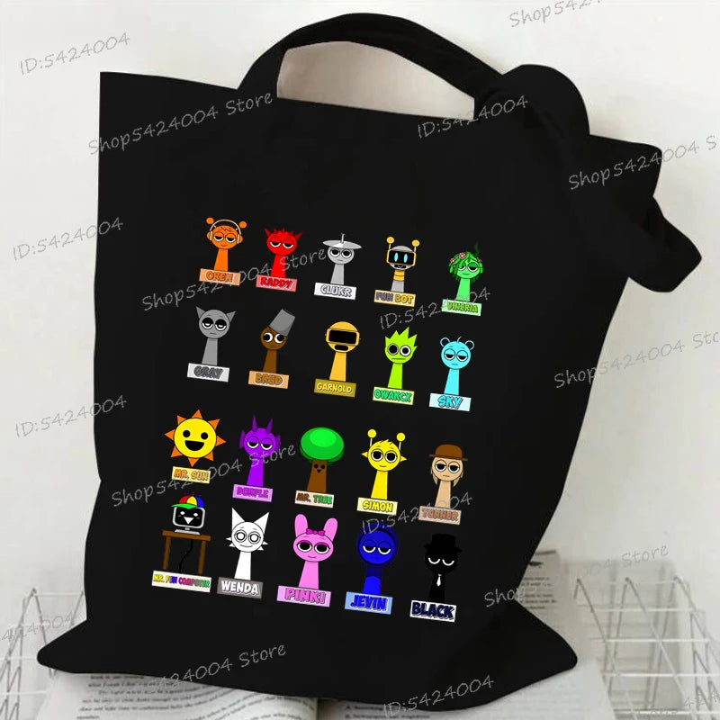 Anime Sprunki Incredibox Game Handbags Women Men Large Capacity No Zipper Canvas Tote Bag Sprunki Figure Shoulder Bag
