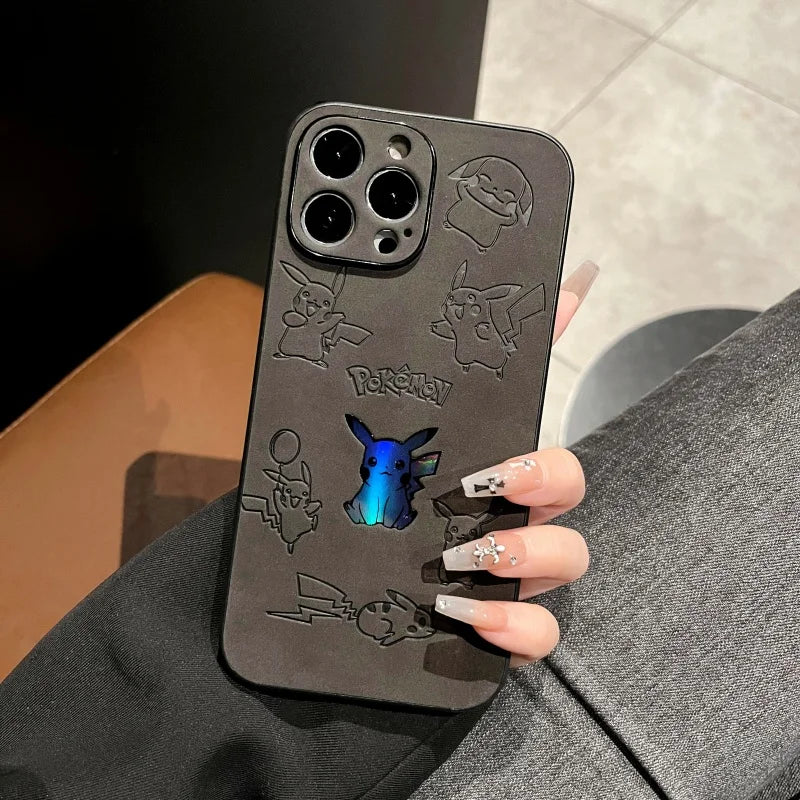 Pokémon Pikachu Laser Embossed Leather Phone Case for iPhone 11 to 17 Pro Max