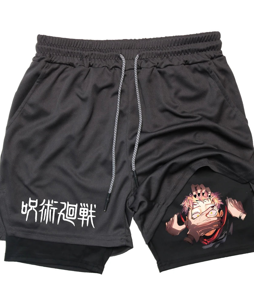 Anime Gym Shorts 2 In 1 Double Layer Men Workout Sports Jogging Sportwear Training Sport Shorts Male Summer Performance Shorts