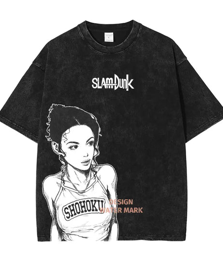 Hanamichi Rukawa Haruko T Shirt Slam Anime Dunk Sendou Vintage Washed Tops Tees Short Sleeve Manga Graphic T-shirt Man Cotton
