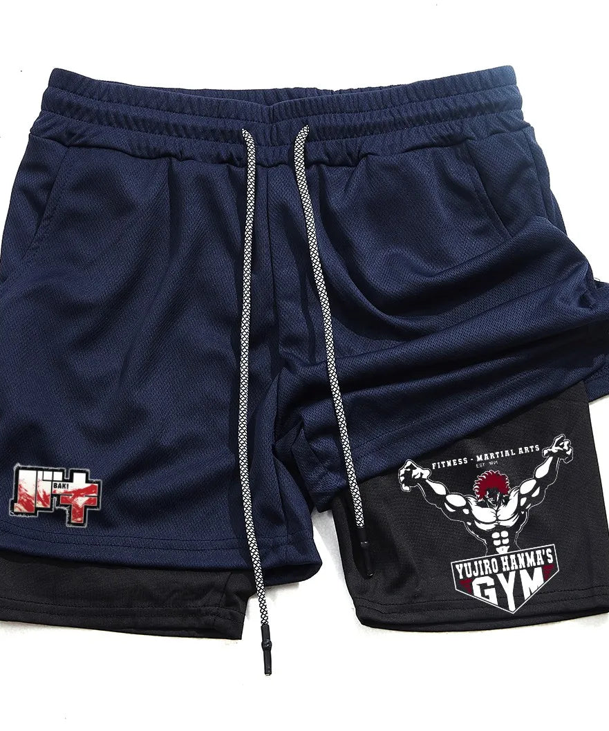Men's and women's gym shorts, quick drying mesh shorts, animated printed Baki Hanma, sleeves, 2-in-1