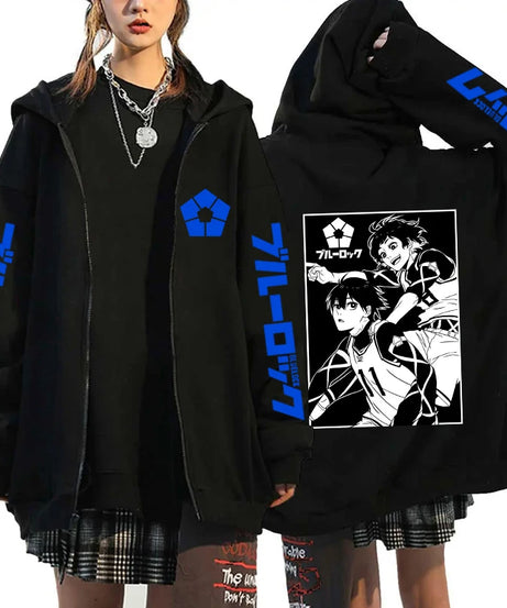 Hot Anime BLUE LOCK Printing Hoodie Fashion Harajuku Zipper Hoodies Women Men Sweatshirt Zipper Long Sleeve Casual Tops
