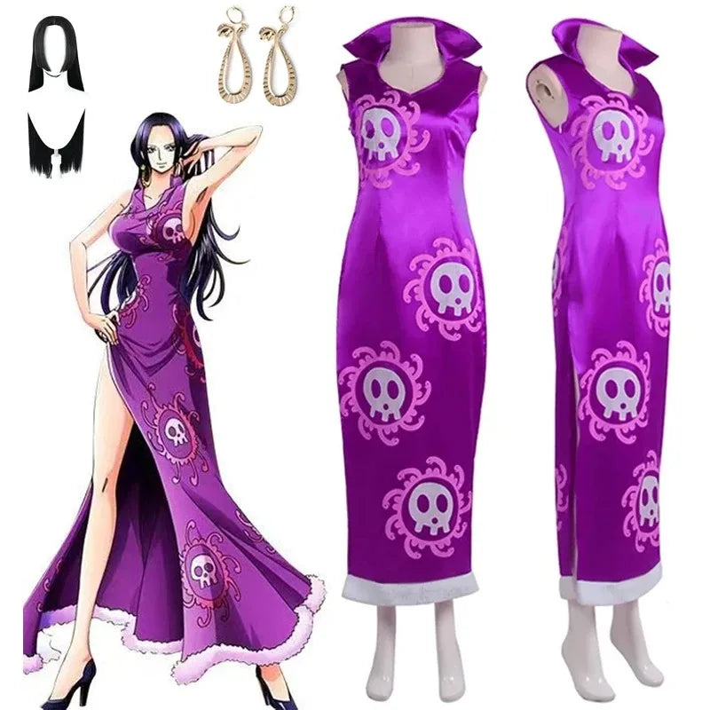 Boa Hancock Cosplay Costume Anime Kimono Purple Dress Cheongsam Cloak Women Halloween Fancy Dress Cheongsam Uniform Suits
