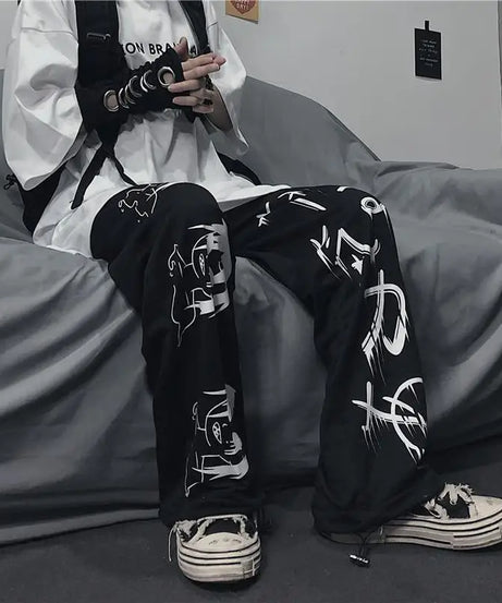 Black Harajuku printed anime sweatpants male streetwear wide leg oversize pants loose casual sport straight trousers men