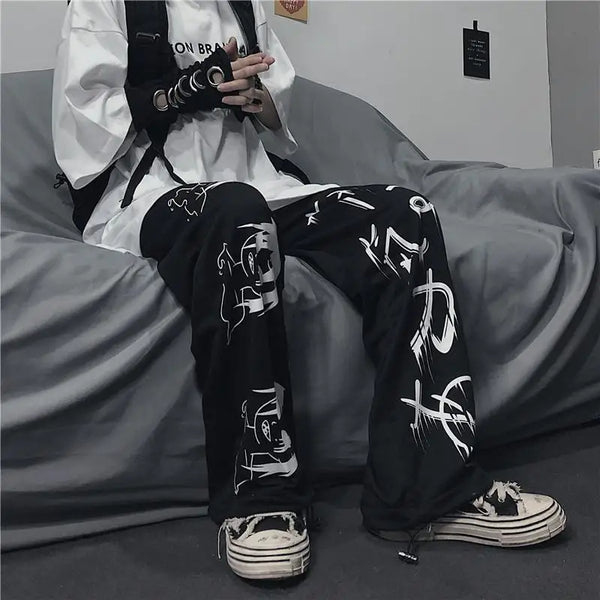 Anime Print Wide-Leg Sweatpants — Harajuku Streetwear