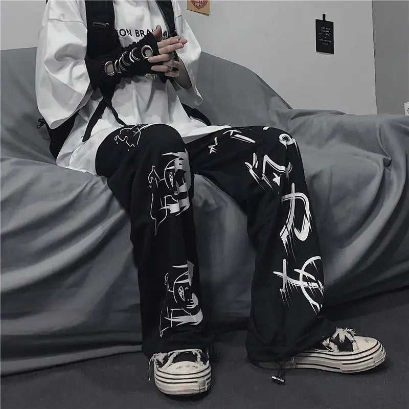 Black Harajuku printed anime sweatpants male streetwear wide leg oversize pants loose casual sport straight trousers men