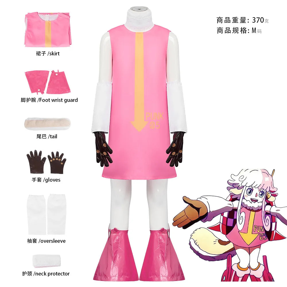 One Piece Anime Dr. Vegapunk Number 05 Clone Cosplay Costume Pink Dress with Foot Cover Cute Kawaii Halloween Outfit
