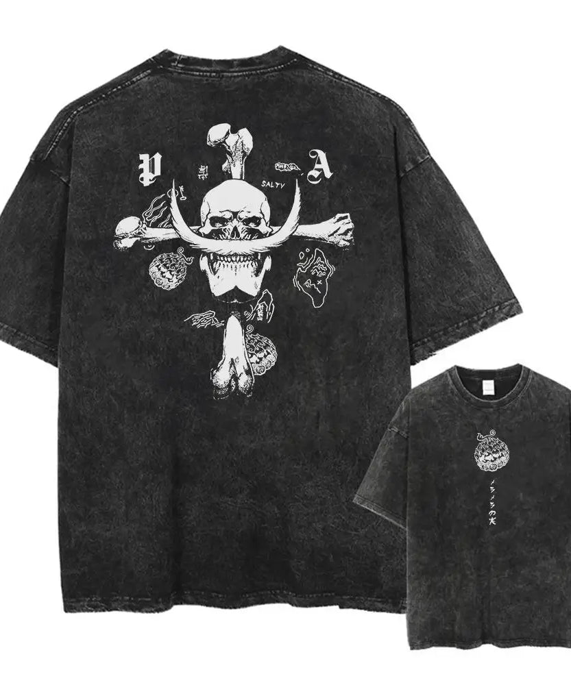 One Piece Skull Short Sleeve Tee Anime Washed Vintage Graphic T-Shirt Man Women Casual Tops Summer Y2k Streetwear